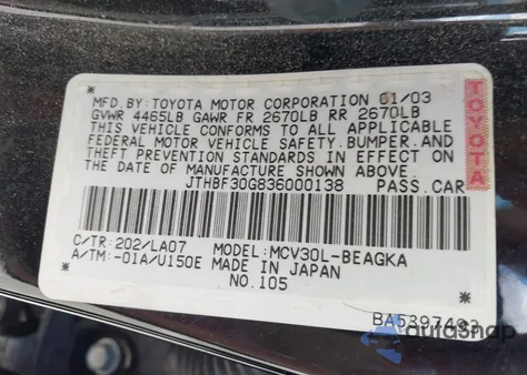 2003 Lexus Es 300 from USA, damaged, VIN JTHBF30G836000138